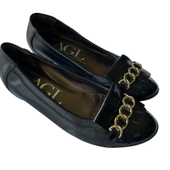AGL Italy Black Leather Cap Toe Flats Kiltie Fringe Gold Chain Excellent  7.5 - Picture 3 of 10